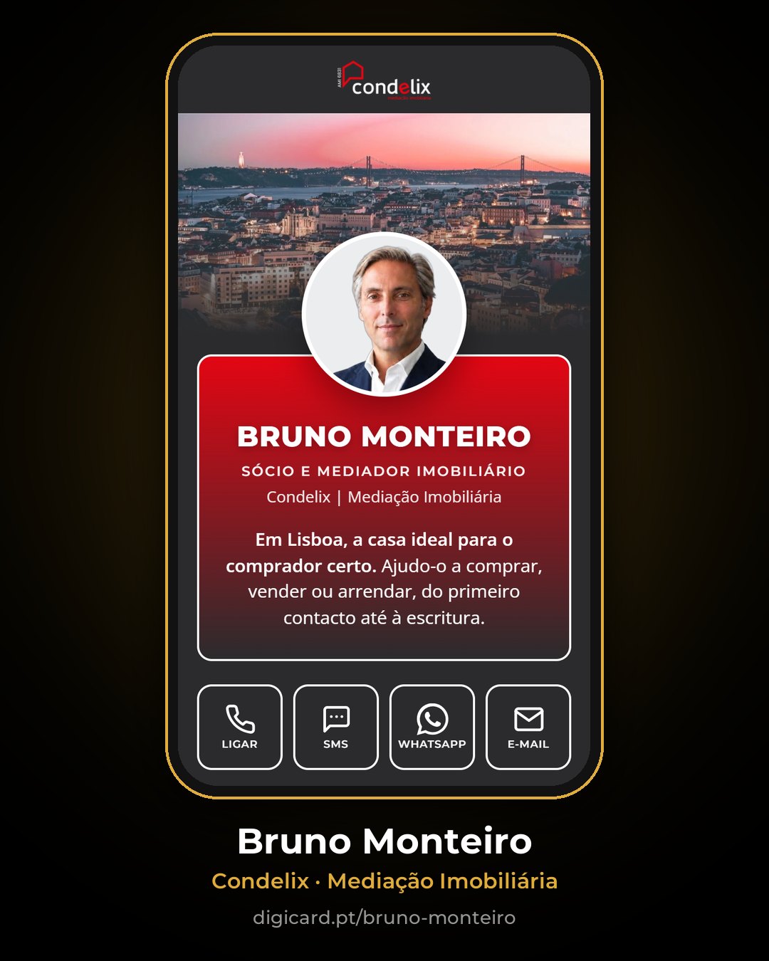 Cartão digital de Bruno Monteiro, Condelix Mediação Imobiliária, Lisboa