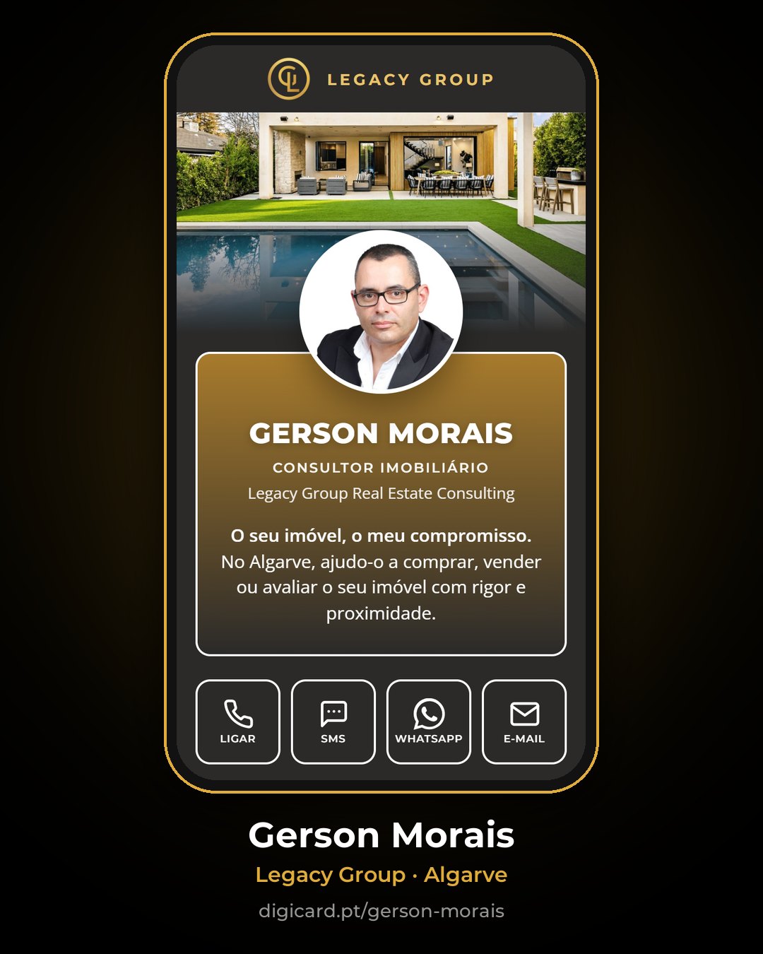 Cartão digital de Gerson Morais, Legacy Group Real Estate Consulting, Algarve
