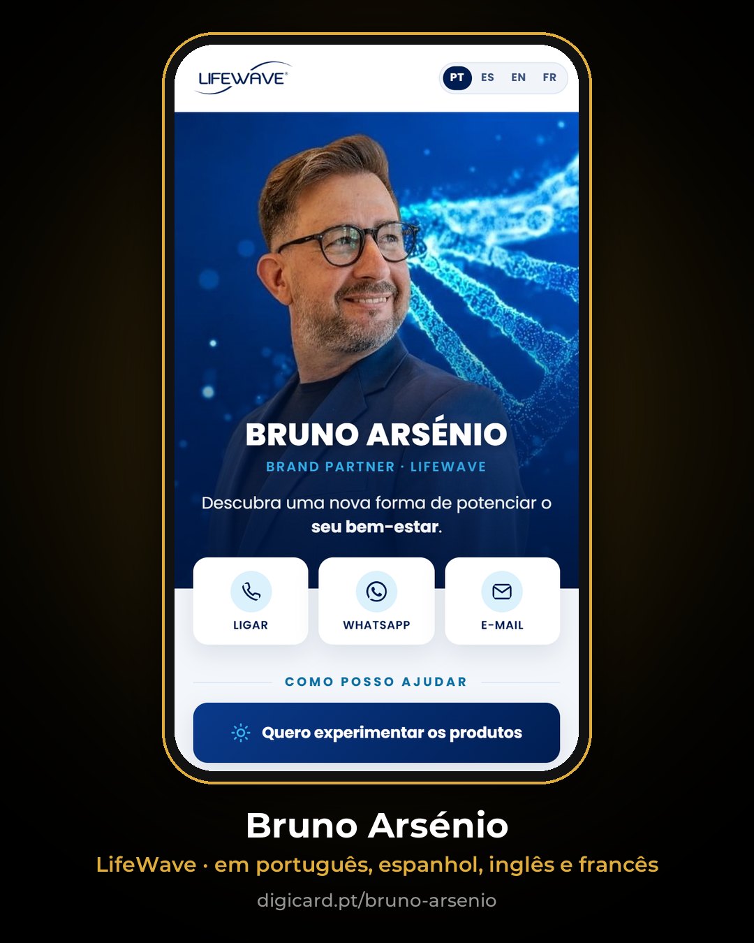 Cartão digital de Bruno Arsénio, LifeWave, em quatro línguas