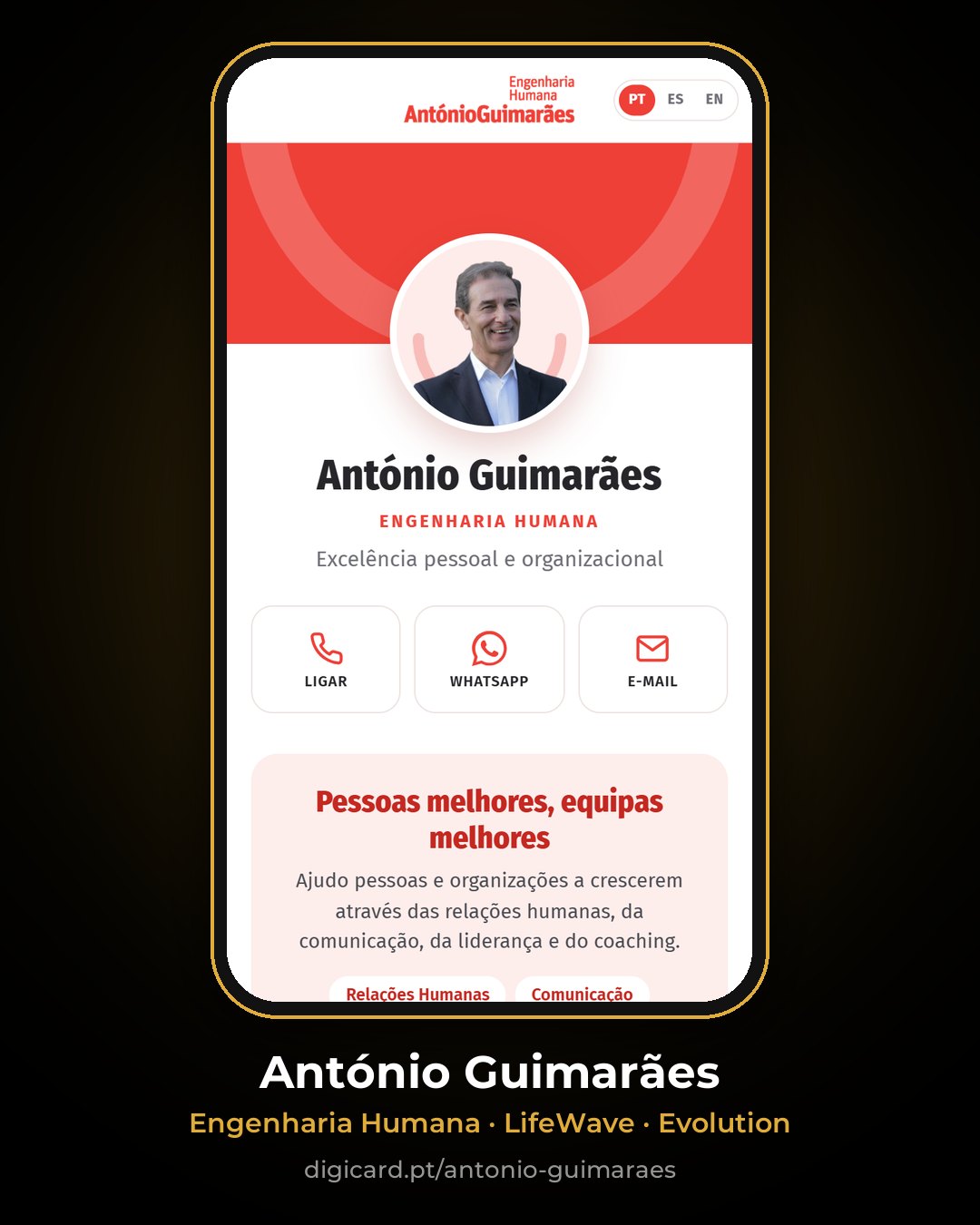 Cartão digital de António Guimarães, Engenharia Humana, LifeWave e Evolution Community