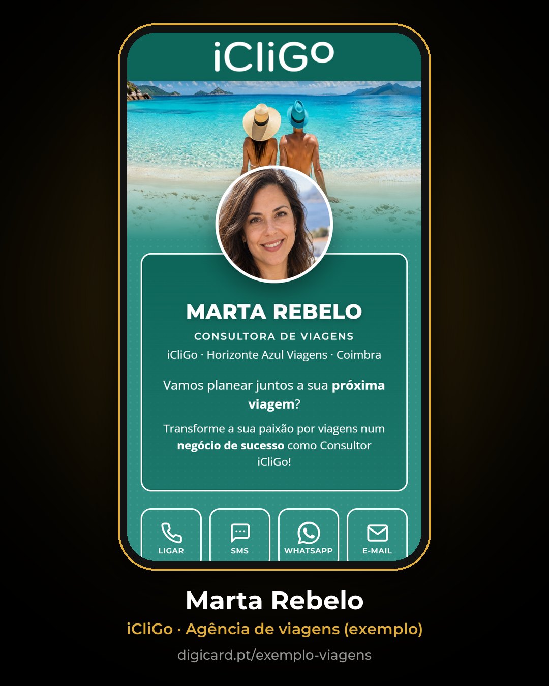 Cartão digital de exemplo de uma consultora de viagens iCliGo