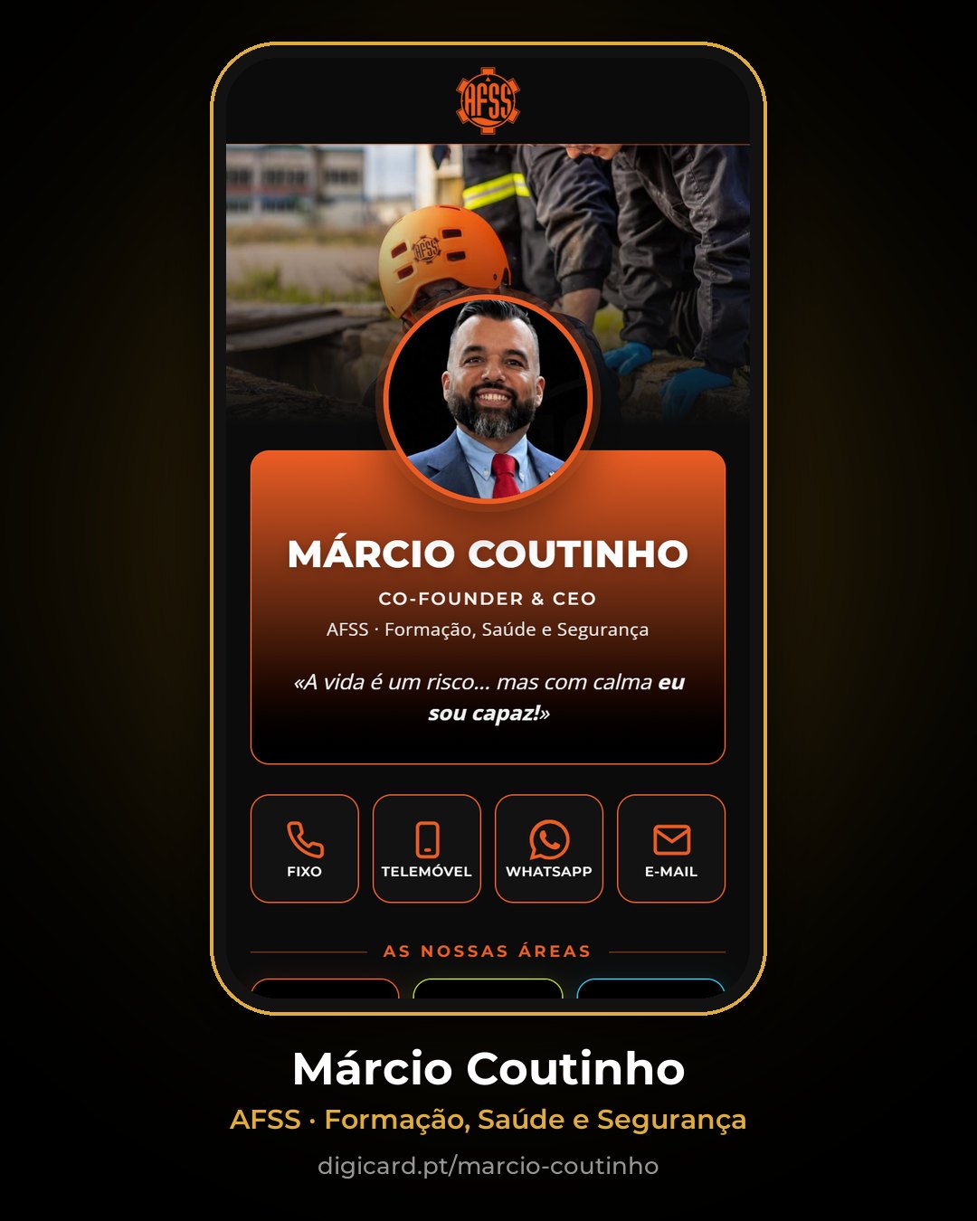 Cartão digital de Márcio Coutinho, AFSS Formação, Saúde e Segurança