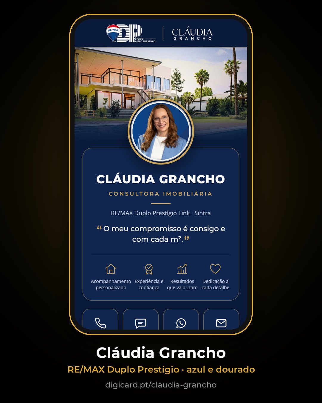 Cartão digital de Cláudia Grancho, RE/MAX Duplo Prestígio Link, em azul-marinho e dourado
