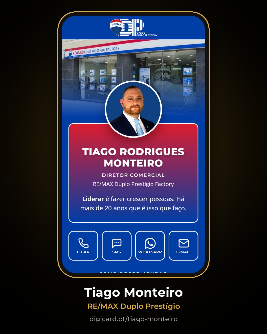 Cartão digital de Tiago Monteiro, RE/MAX Duplo Prestígio