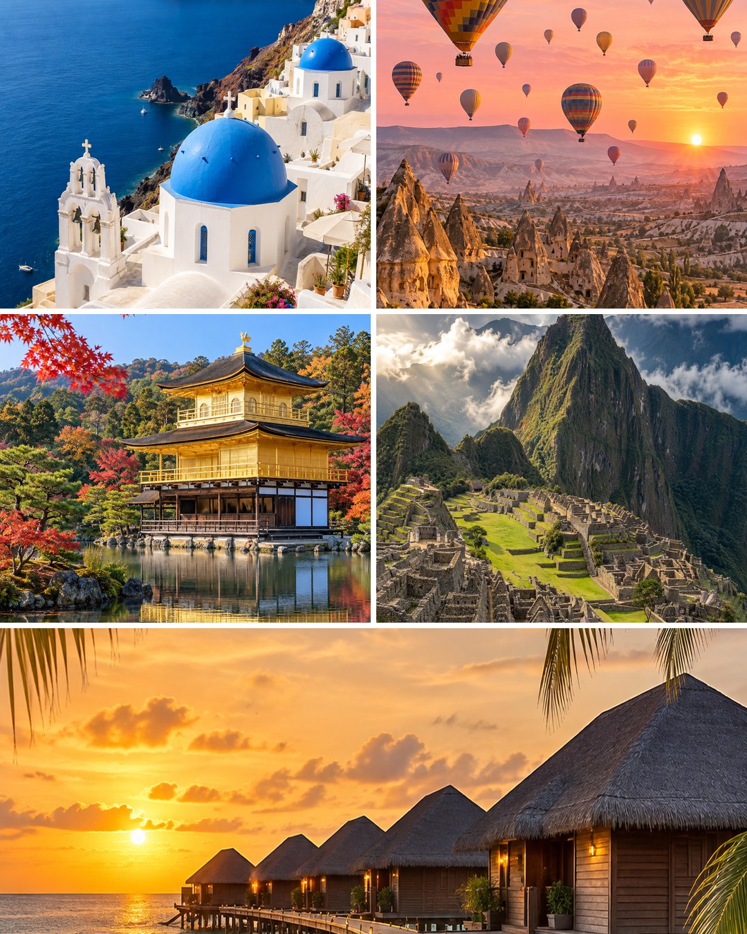 Destinos: Santorini, Capadócia, Quioto, Machu Picchu e Maldivas