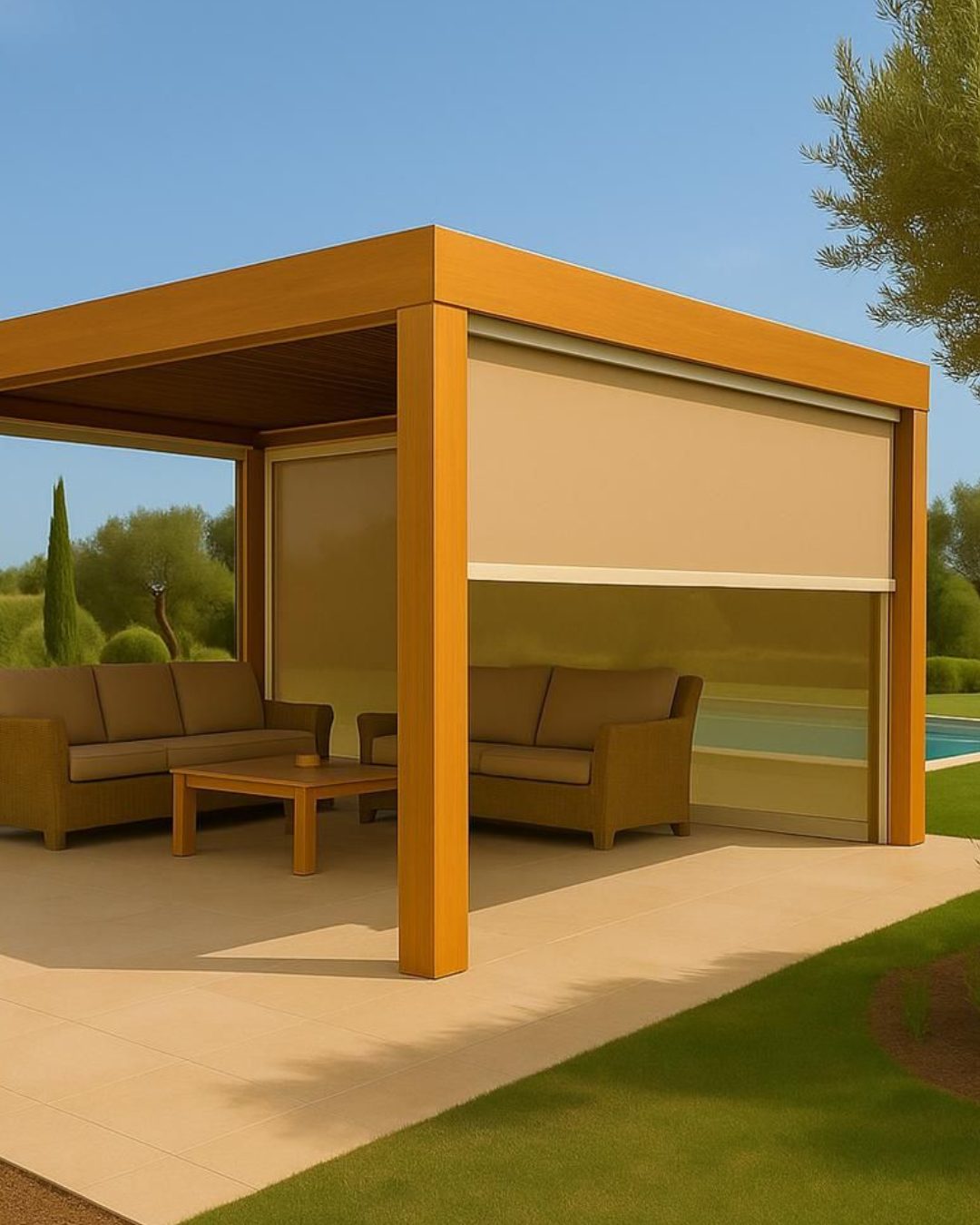 Pérgola de madeira com screens num jardim
