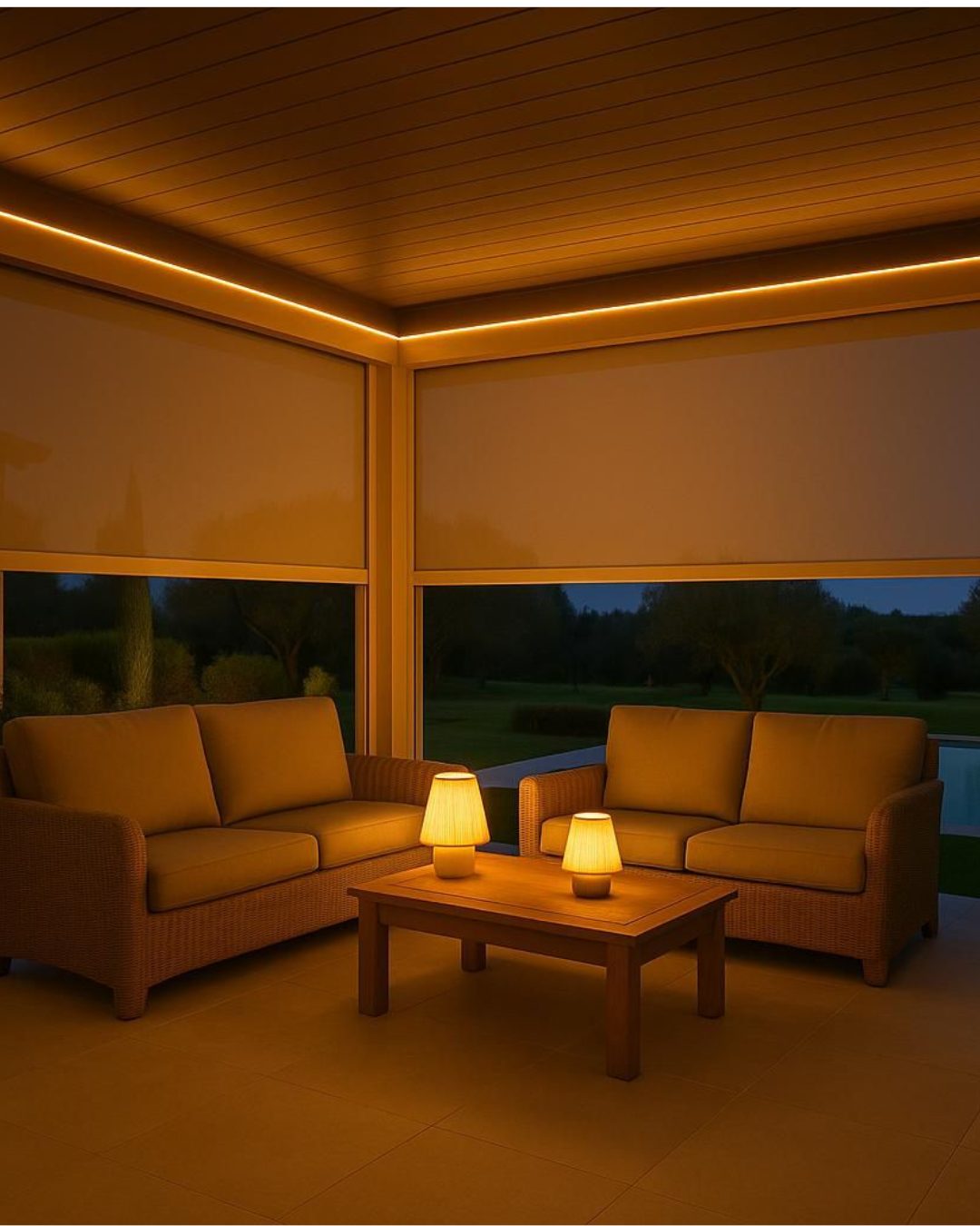 Pérgola com screens fechados e sala de estar iluminada à noite