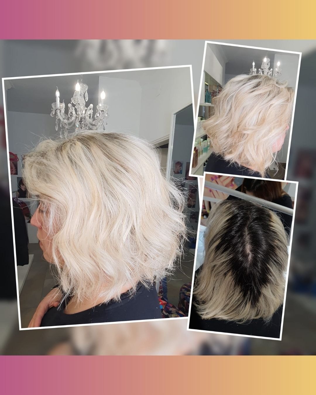 Antes e depois: raiz escura e cabelo louro platinado ondulado