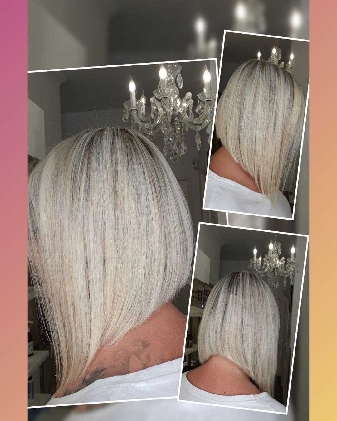 Corte bob assimétrico louro platinado, em três ângulos